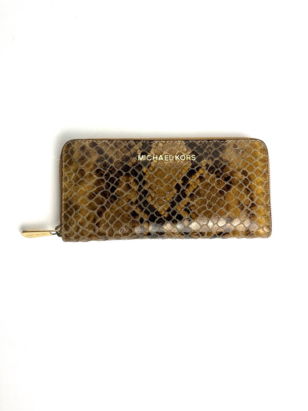 Michael Kors Brown Snake-Print Zip Wallet Gold Hardware Animal Card Pockets